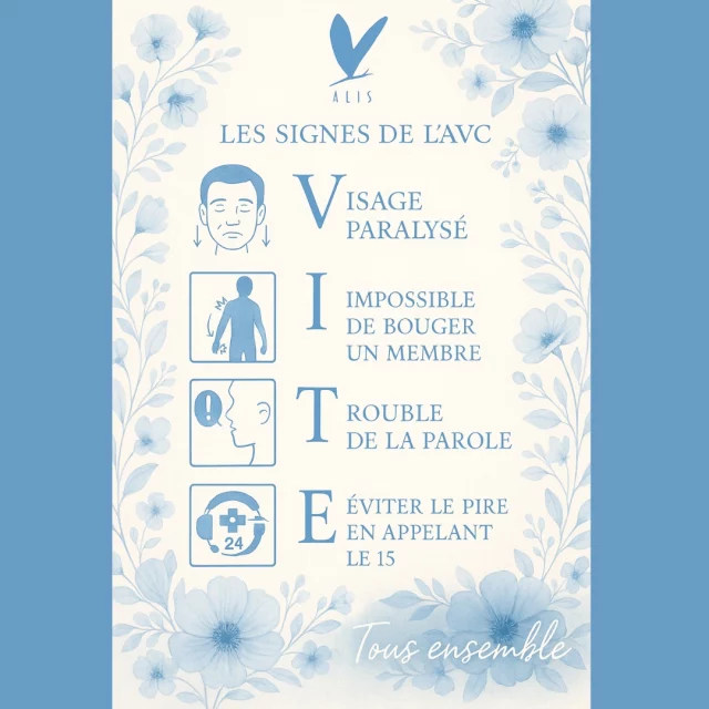 Symptômes courants d’un AVC à connaître :

Engourdissement ou picotements soudains dans le visage. 

Sensation de faiblesse brutale, même légère, dans un membre. 

Vision floue ou obscurcie d’un œil. 

Difficulté à articuler, comme si la personne était "ivre". 

Problème soudain à écrire, lire ou comprendre des mots simple. 

Chute inexpliquée, même sans perte de connaissance. 

Fatigue intense et brutale, non liée à l’effort. 

Trouble du jugement ou confusion momentanée. 

Bouche qui “dévie” d’un côté quand on souri. 

Ne prenez aucun risque, même si cela peut paraître bénin : appelez le 15 📞. 

N'oublions pas de rappeler régulièrement à notre entourage les symptômes de l’AVC.
Protégeons-nous, protégeons nos proches, agissons tous ensemble.