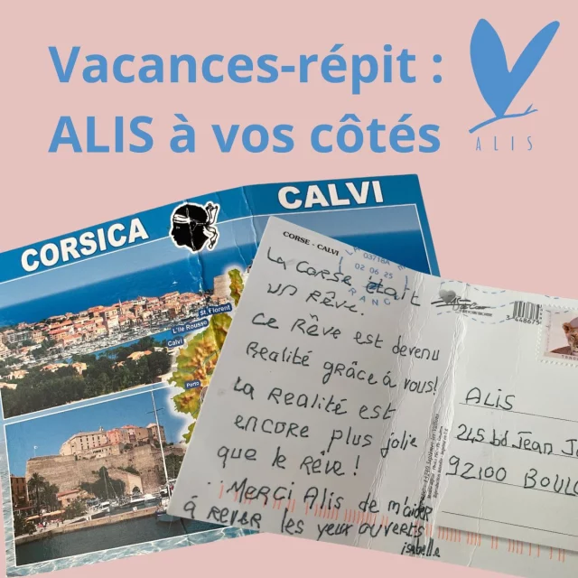 "La Corse était un rêve. Ce rêve est devenu réalité grâce à vous !" 

Isabelle, atteinte du locked-in syndrome (LIS), nous a écrit depuis la Corse, où elle a pu partir grâce au soutien d’ALIS et du programme Vacances-Répit.

"La réalité est encore plus jolie que le rêve ! Merci ALIS de m'aider à rêver les yeux ouverts."

💙 Ces mots nous touchent profondément. Ils nous rappellent combien il est essentiel d’offrir aux personnes LIS des moments de répit, de liberté, de joie.

Depuis 2024, ALIS accompagne les projets de vacances de ses adhérents avec :
✅ Une aide financière
✅ Des annuaires de centres adaptés et d’agences accessibles
✅ Un accompagnement personnalisé

👉 Vous aussi, aidez-nous à offrir ces parenthèses d’évasion.
Faites un don sur : https://www.payasso.fr/alis-association-du-locked-in-syndrome/don

🙏 Ensemble, permettons à d’autres personnes LIS de rêver les yeux ouverts.